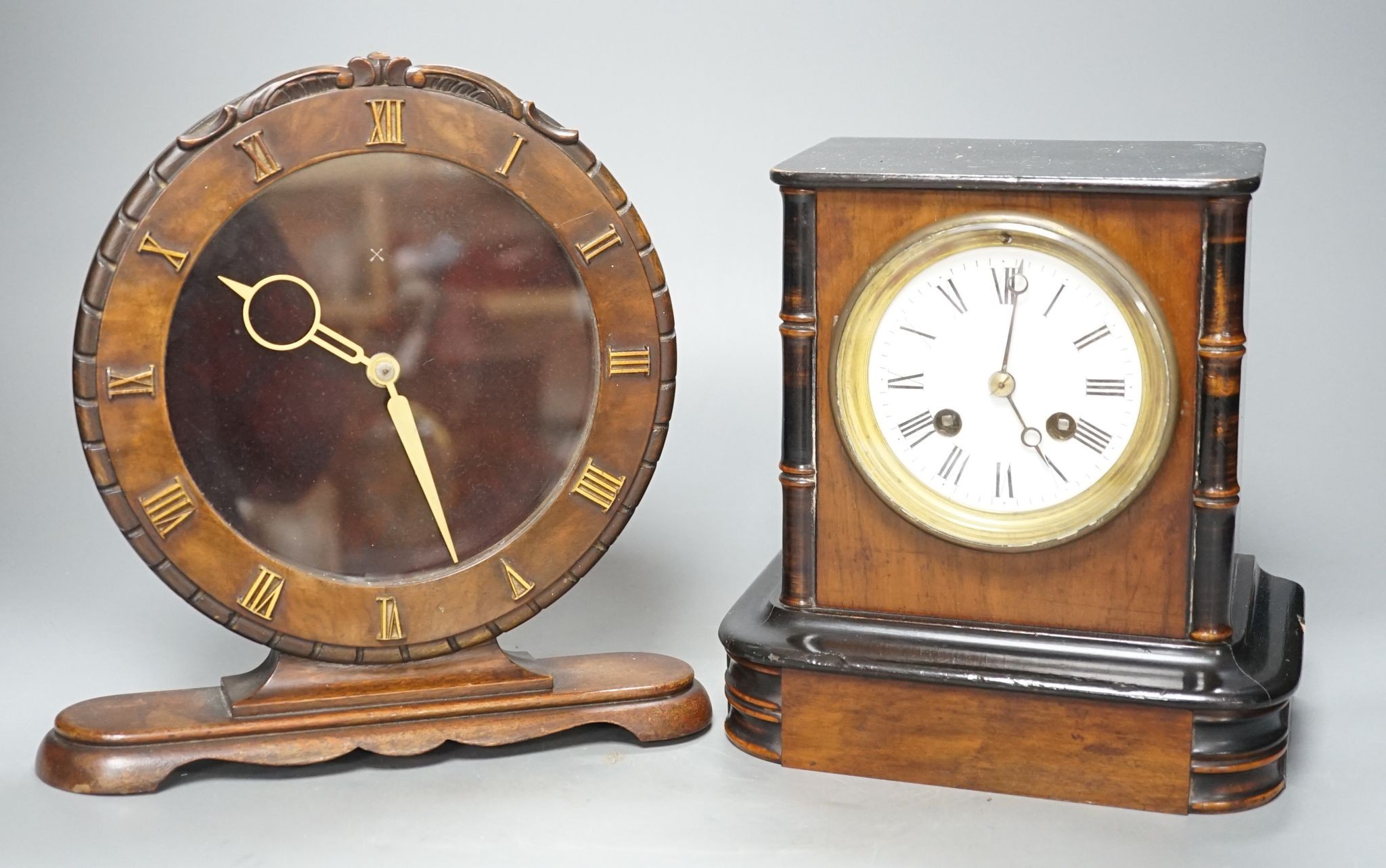 A Victorian walnut clock and an Art Deco walnut clock